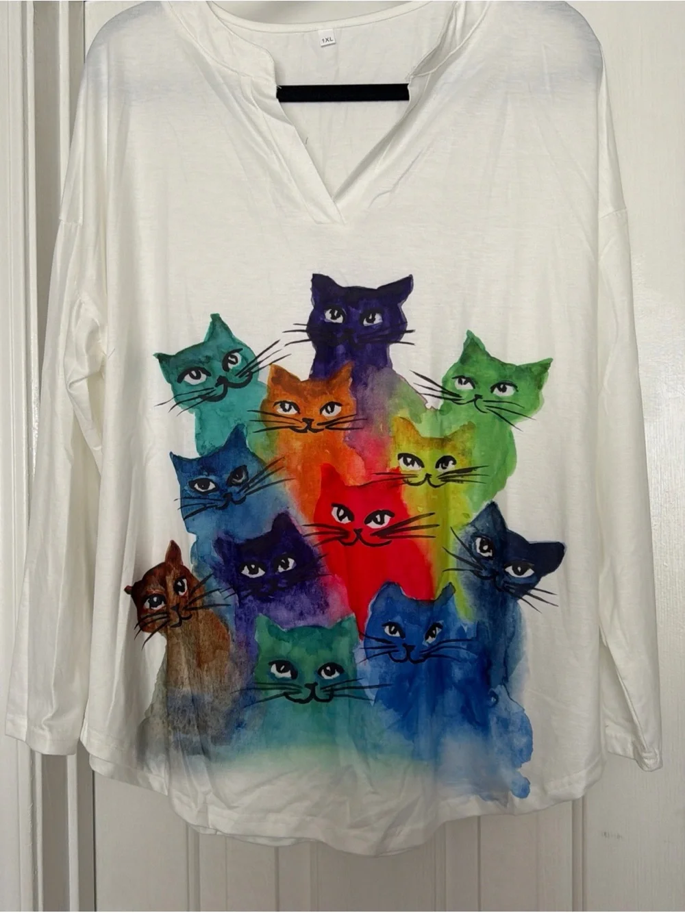Unbranded White Long-Sleeve Cat Tee with Multicolor Watercolor Cats